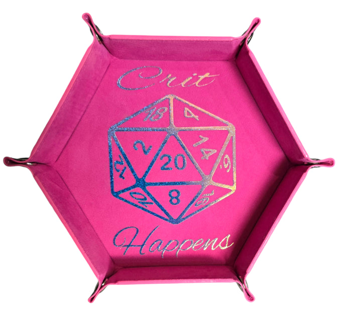 'Crit Happens' pink holographic dice tray