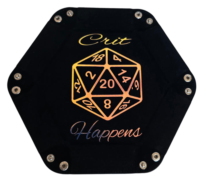 'Crit Happens' black holographic dice tray