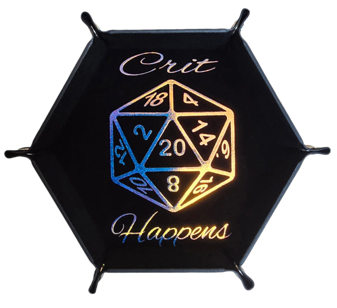 'Crit Happens' black holographic dice tray